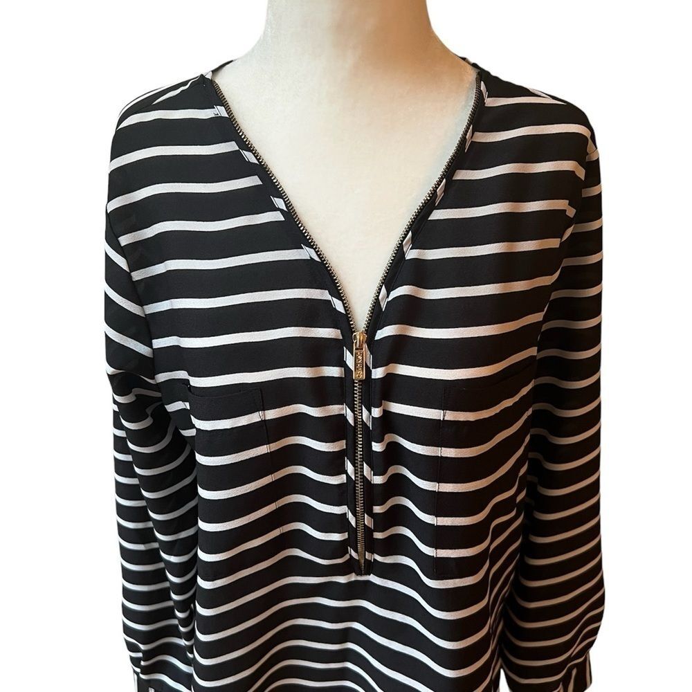 Calvin Klein Black & White Striped Zippered Blouse - Picture 7 of 16